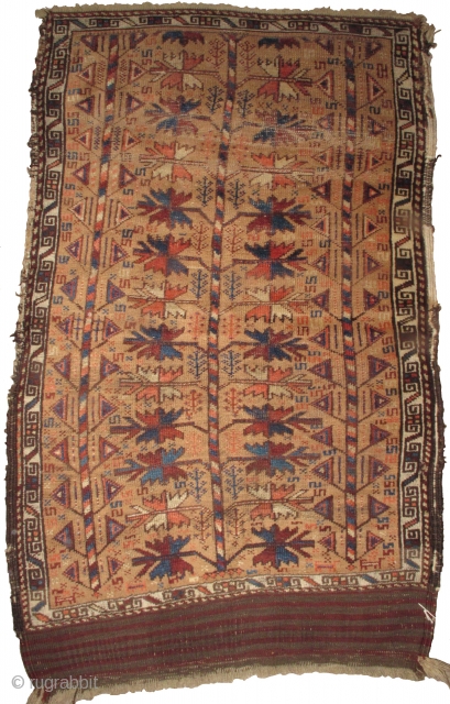 Camel-Ground Baluch Tree Rug with a central classic type Baluchi tree flanked by two more geometric tree forms and interspersed with a third type of smaller tree throughout the branches. Great drawing  ...