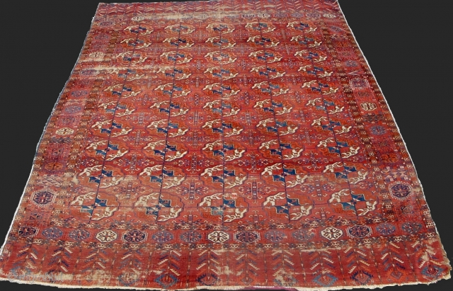 Large Tekke Main Carpet with references to Turkmen embroidery in the border. The large size allows for a very well spaced five column format.         