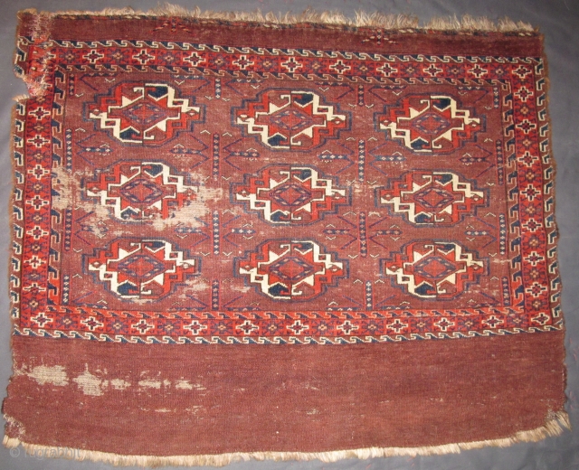 Yomut Turkmen Chuval, Bold, beautifully drawn guls, delicate minors, symmetrically knotted with wool and cotton wefting. Great handle and back. some condition issues.          