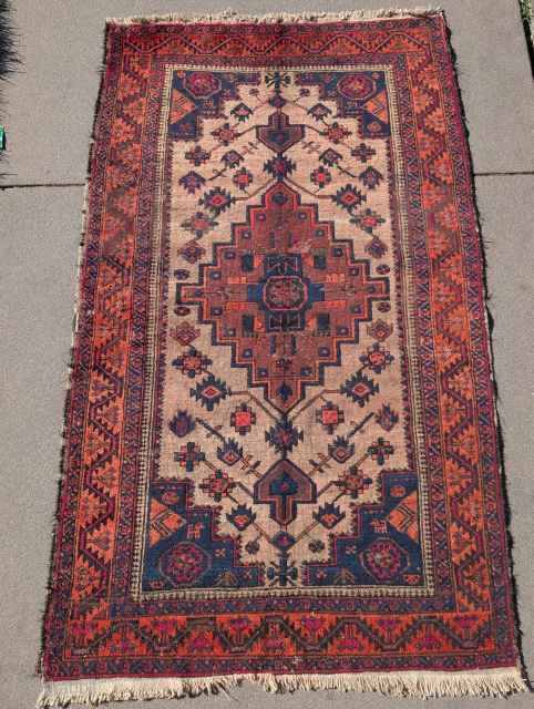 Arab Baluch rug with camel ground. Pink is cochineal. The orange is hot. Njce usable antique piece. 4'0x6'7"