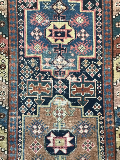 Fragmentary Kurdish runner. Super funky and very well used (worn in other words). Outer border has been chopped but the result is pleasing. Idk someone might like it on the wall or  ...