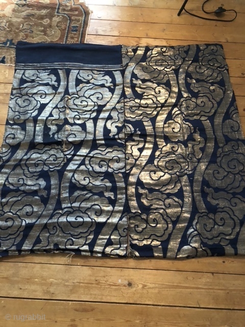 Late 19th C. Japanese cloud textile.  Silk and gold, metallic thread.  Roughly 48"x48". Good condition for its age.  Bold graphics, big clouds.  A fun thing to look at. 