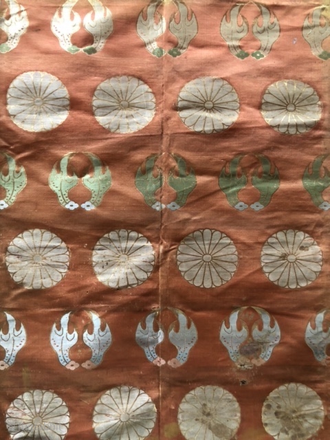 Buddhist Temple Silk, Japan, 18th c.  This large (84 inches x 26 inches) Buddhist temple silk is probably from Edo.  A wide range of wonderful colors.  The back is  ...