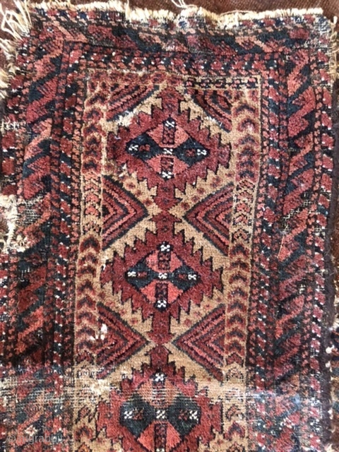 Genuinely worn, but genuinely old Baluch Balisht.  Playful ashiks, camel hair ground, cool tertiary elements.  Authentic but kind of wrecked.  19th century. Cheap!       