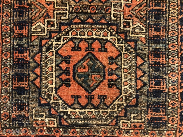 An extremely rare and unusual small Baluch rug from late 19th century. 3’.9” x 2’.3”
The use of highly unusual “surmai” color and the hand spun cotton warps make it a very desirable  ...