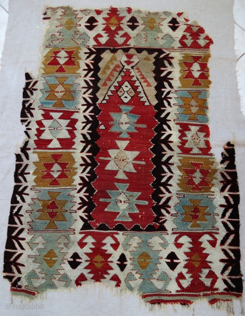 Westanatolian Prayer kilim, old repairs, rare type, good old colors                       