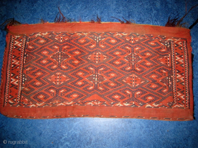 Flat embroidered  wool  Torba bag.  Back plain wool canvas.  Fringes worn off, no holes or repairs.  18 by 36 inches.  Purchased in Pakistan in 1985. SOLD 