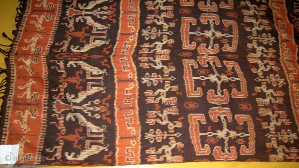 Sumba Indonesia ikat, natural dyes.  47 by 88 inches.  Pattern of sea horses and lobsters.  Purchased in Sumba in 1977.          