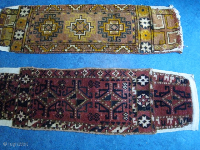 Pair of Napramach Turkoman or Uzbek narrow rugs.  14 x 47 inches.  One red, one yellow.  $200 for both, $120 each.  All wool on cotton.  No holes  ...