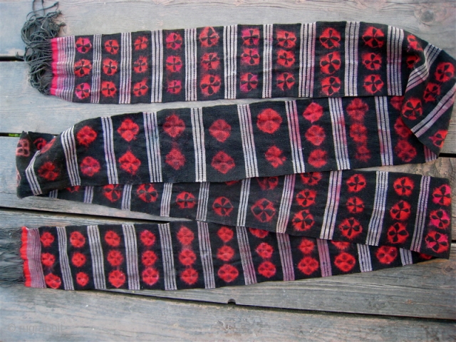 Tibetan Kaabo cumberband or sash,or tent band. Nambu Tigma dye work.  5 inches wide by 120 inches long.  Minimal fading, a few small holes.       