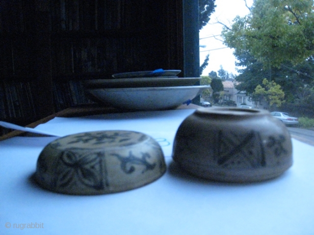 Grey Ming covered dish with blue-black floral decoration.  2 inches high , 3 inches wide.  No cracks or repairs.  Purchased in Sulawesi Indonesia in 1976.     