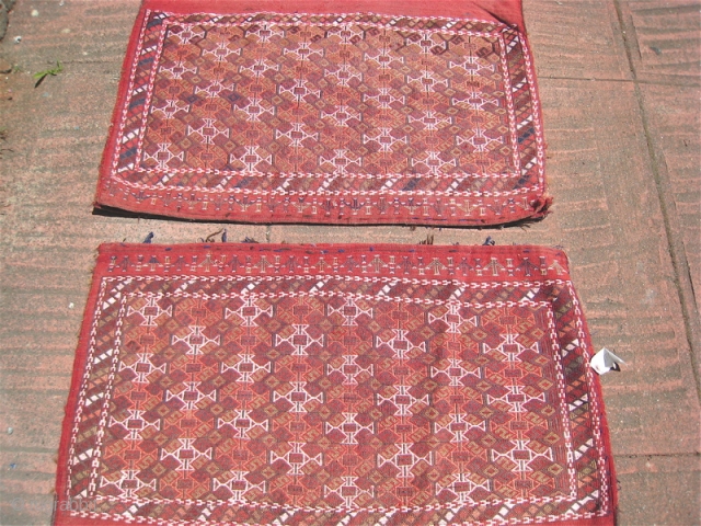 Pair of flat weave face chuval bags with solid red  backs, all wool.  28 x 40 inches.  Faded at edges, but no repairs or large holes.  Will sell  ...