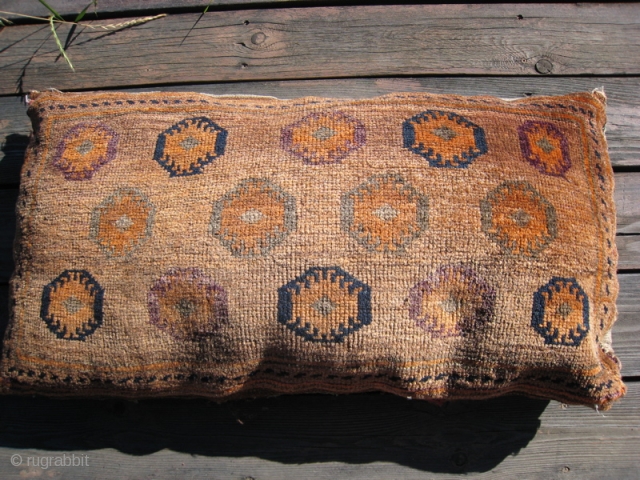Afghan bag, wool pile face, flat weave back.  Browns and soft blue/black.  No holes or mended areas.  32 x 16 inches.         