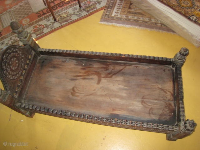 Prayer platform from Swat Kohistan, Pakistan.  Hand carved walnut.  50 inches long, 24 inches wide, 24 inches high at the head.  The flat bed is a single piece of  ...