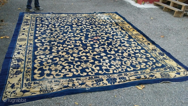 Antique Chinese rug
Approximately 11 by 11
Incredible design
Some mold odor 
Insect damage
Pet damage
$975
Restoration project 
                   