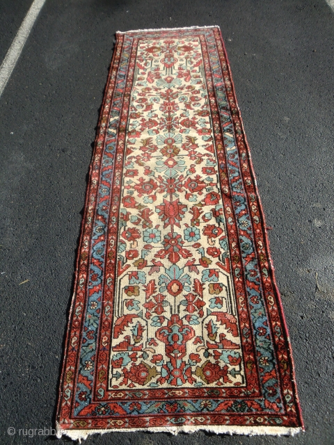 Hamadan Runner, early 20th century. Low areas, with a few crowns showing. It has just been professionally washed. Size is 2'10" by 9'2".Price does not include shipping.      