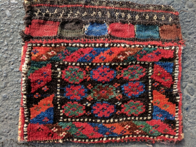 Afshar chanteh 9"x11"  glossy full pile with  deep, vibrant colors that appear to be natural. Intact back with simple brown and black flatweave bands       
