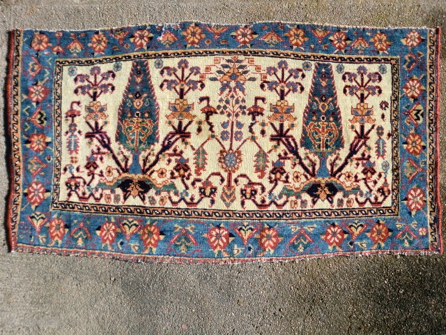 Afshar bagface with cotton warps. Approximately 1'1"x 2'9". Excellent wool and natural dyes, with losses top and bottom. Replaced selvedges, small stabilized hole upper left corner.       