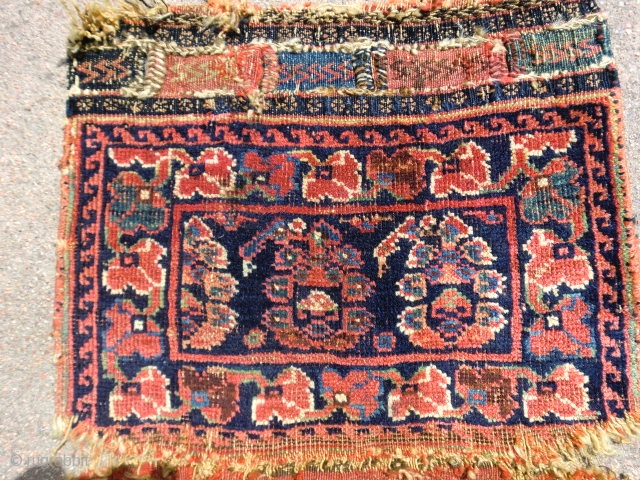 Small Afshar bag with plain flatweave madder back. 1'-3"x1'-7". Uniformly low pile, very good natural dyes and wool.               