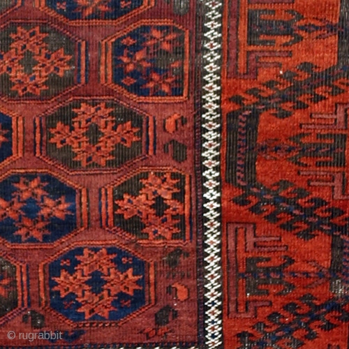 Baluch Rug
19th Century
56 x 40 inches
Inv# 1324 ------- 

Beautiful wool lustrous wool where it is in full pile. It has suffered from use. Wide spectrum of reds. Beautifully drawn Turkoman line border. Floppy handle.  ...