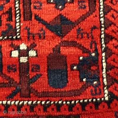 Baluch Rug, Late 19th or Early 20th Century, 63 x 34 inches, Inv# 1338 ------- Amazing glowing red, thick lustrous pile overall with only a few corroded spots, great expressive design, wonderful  ...