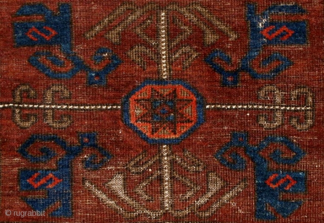 Baluch Bag Face, 19th Century, 26 x 33 1/2 inches, Inv# 1449 -------- Classic design with nicely open rectangular medallion surrounded by star octagons. Poised drawing throughout. Rich colors, with a particularly  ...