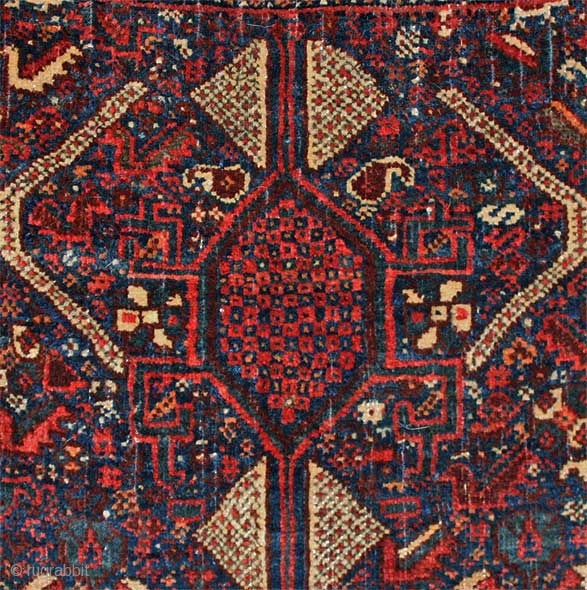 SWP khorjin face. Excellent full pile condition except for a small nick in each lower corner. Excellent wool and good, natural colors. Very unusual design: a deconstructed Quashqai medallion with a honeycomb  ...