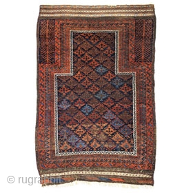 Baluch/Timuri Dokhtar-e-Qazi blue ground prayer rug.  66 x 41 inches.  Good condition with original sides and ends. Evenly low pile, with lower corrosive browns. No repairs. Nicely woven with good  ...