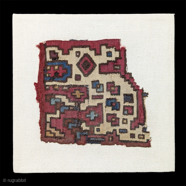 Pre-Columbian Textile Fragment.  Huari Culture, c. 500-800 A.D.  A small fragment, probably a remnant from a burial mantle.  The creature most likely depicts a jaguar, a common pre-Columbian weaving  ...