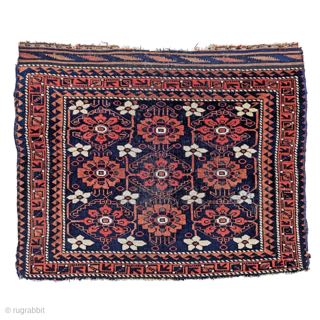 Baluch minakhani bagface. 28" x 33".  A good example of the classic single-wefted minakhani with all the hallmarks: silky wool, saturated color and a great handle.  The negatives: wear to  ...