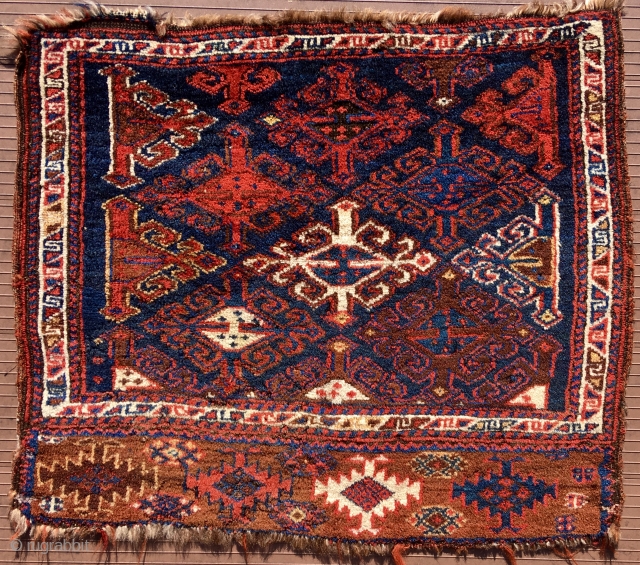 Veramin khorjin face.  24” x 27” (61 cm x 69 cm).  
Pile wool is virtually unworn, very soft and fine.  Handle is very supple.  Saturated colors, all from  ...