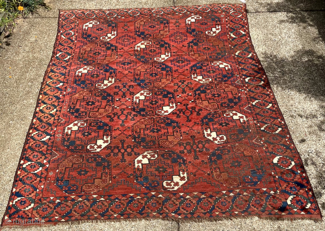 Antique Ersari Turkmen Carpet, second half 19th century. Dimensions are 99 inches by 82 inches ( 251 cm x 208 cm) or 8’3” x 6’10”. Unusual main border design—medallions composed of ...
