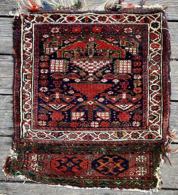 
Kurdish bagface—the piled face of half of a double saddlebag (khorjin).  Has an additional piled panel below the borders where the bottom fold of the bag was.  Good thick pile  ...