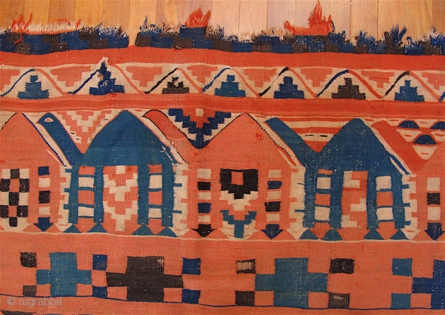 Old Gafsa Tunisian kilim. Nearly square—86 inches long and 87 inches wide (219 x 221 cm).  Some fraying and notches at the ends, and some small holes, due mainly to the  ...