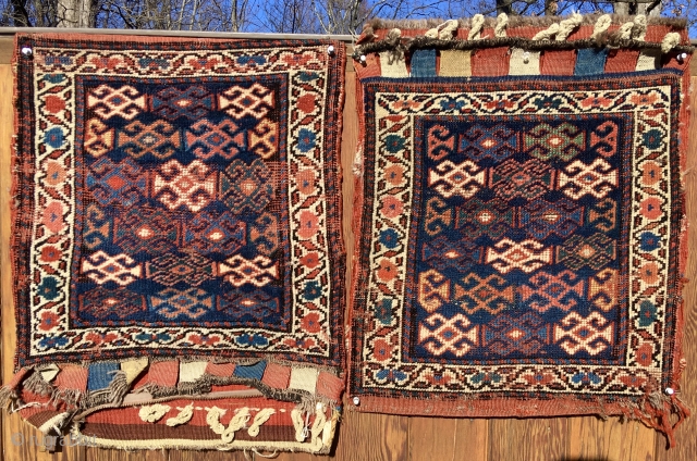 A pair of saddlebags (separated khorjin), most likely Kurdish.   Each approximately 21” x 18” (54 cm x 46 cm).   Good colors.  Mostly good pile, some wear toward  ...