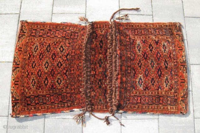 Rare complete Yomut Yomud Turkoman khorjin, saddle bag in great condition with all natural dyes and soft wool. No holes, no stains, no tears. (hole in flatwoven back, picture)
The piece shows a  ...