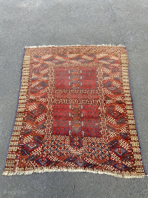 Turkman ensi - about 55” x 47” locally sourced New England estate. ‘As Found’ condition with several old reweaves and repairs and wear.  Nice weave and color saturation.    