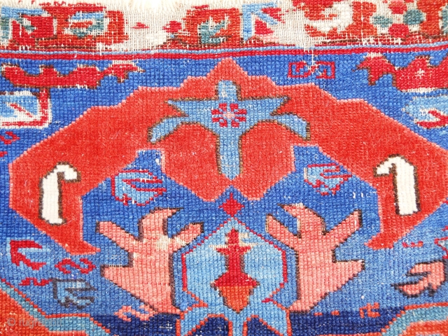 Bidjov - 4.10 x 3.8, beautiful drawing, saturated color.  Oxidation, rewoven areas, unraveling ends.                  