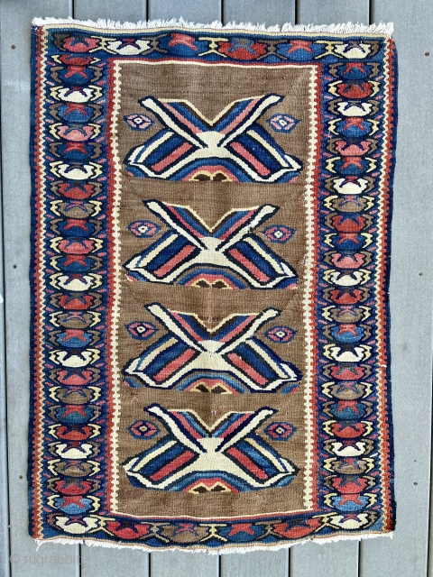 Kilim - about 27” x 38”.  Relatively good condition with a few small breaks (detail 2nd pic) and minor stain(last pic)           