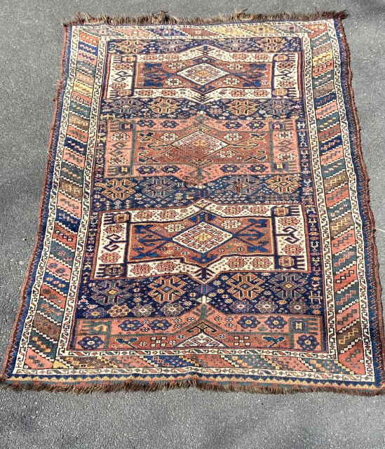 About 4.8 x 7.2 in ‘as found’ condition.  Pretty much complete with some original kilim end finishes.  Overall central wear, and about 3” slit backed by some old tape. Email:  ...