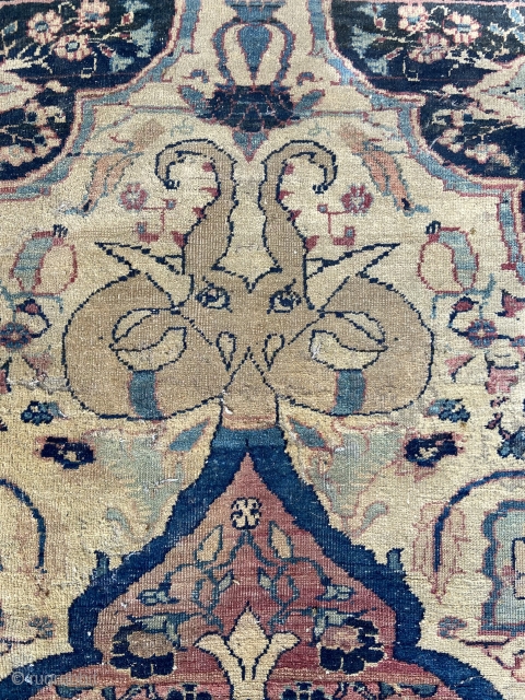 Early lavar Kirman - about 8.5 x 11.4 finely woven with mythical creatures, horned animals, birds, and fowl.  In as found condition with overall wear, scattered holes, etc.    