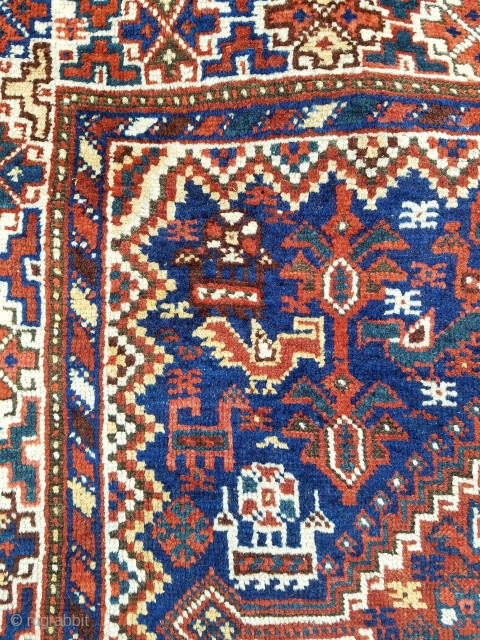 SW persian about 3'9" x 5'1".  Nice graphics having double medallion design with loads of animals and birds.  Evenly low pile, curled corners at opposite ends, and no repairs.  