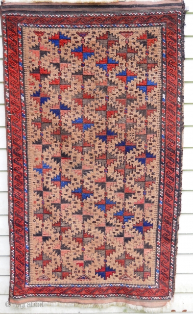 Baluch - 2.10 x 4.11 funky design and color. Even wear with oxidation and few moth nicks.  Right side original, left side replaced.  Ends unravelling into kilim bands. Could use  ...