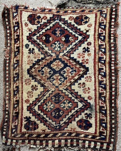 Southwest Persian - kamseh perhaps.  About 14” x 20”. Nice ivory field and retains some of original end finishes.  ‘As found’ and would benefit from bath.     