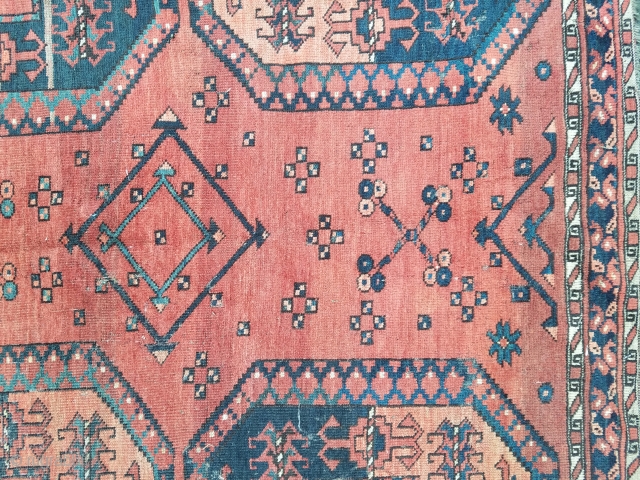 Ersari main carpet measuring about 7.7 x 9.1 with considerable mothing.                      