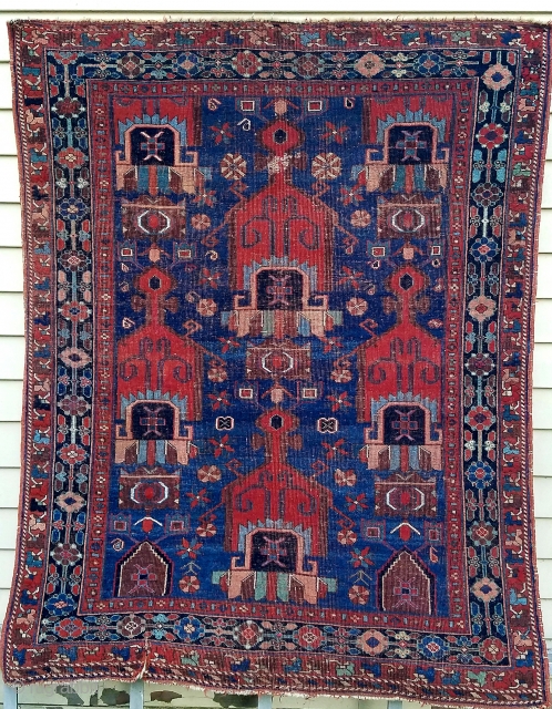 Afshar- about 5.2 x 4.1 evenly worn with great color and design. Minor tear lower left into secondary.               