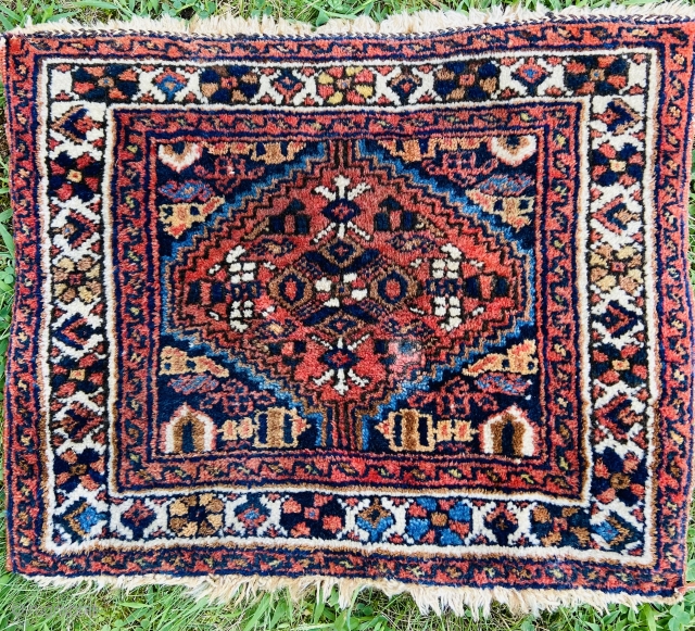 Afshar - about 15” x 18”.  Looks to have small spot of candle wax on lower right edge of medallion.  Otherwise nice condition with good pile.  Would benefit from  ...