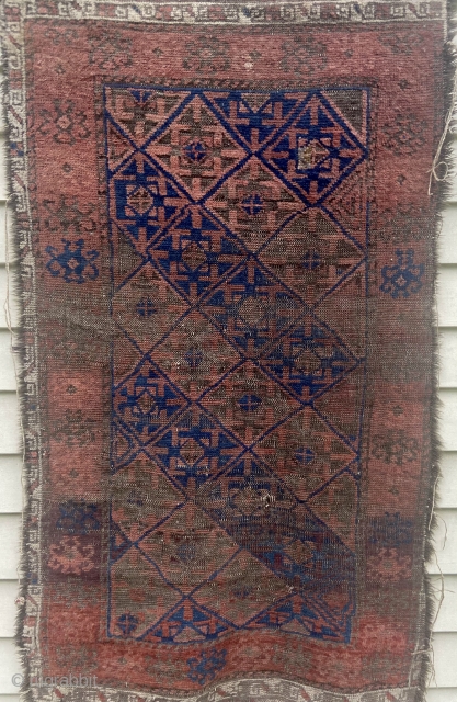 Baluch - about 28” x 51”. As found. Small patch, oxidation, wear.  Retains part of original ends and secondary border.  Interesting main border.  Would benefit from wash   