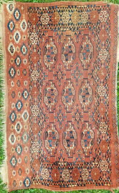 Turkman chuval as found condition.  Some edge gouges and slight stain. Wonderful skirt embellishment, nice weave, supple handle, nice color.  Would benefit from wash.       