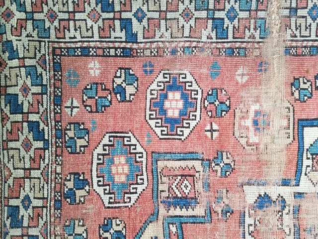 Bergama - about 65" x 65".  Lots of wear but still nice example of early rug.                
